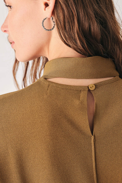 Neckline tie and cap sleeve detail on the Flying Tomato Amberglow sweater top.