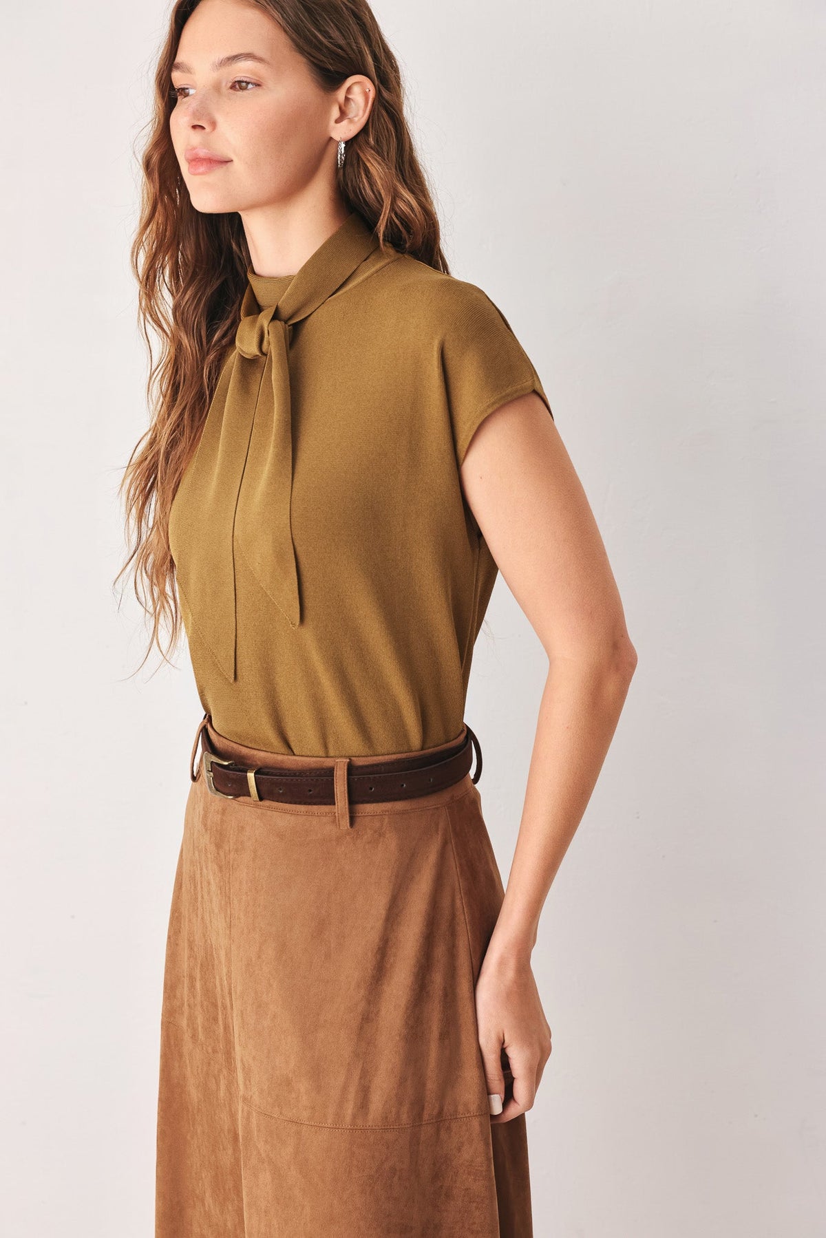 Fine viscose-nylon knit texture of the Amberglow scarf sweater top.