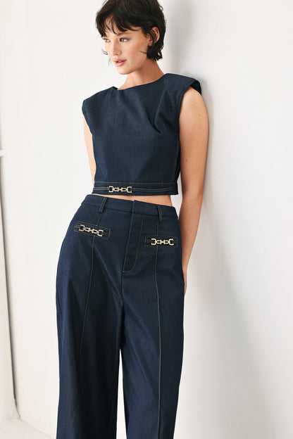 Back zipper closure on the indigo Yacht Club woven crop top.