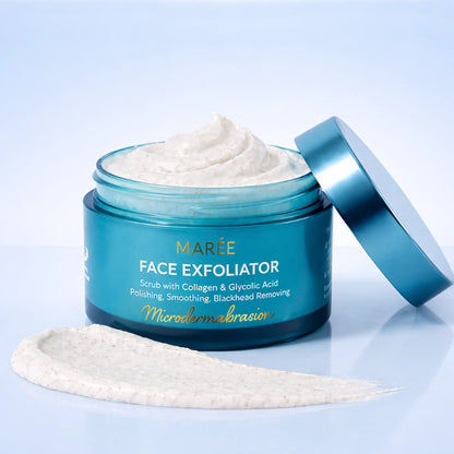 A jar of MARÉE Face Exfoliator with its lid off, showing a swirled texture of the exfoliating scrub inside, with a smear of the scrub in front on a light blue gradient background.