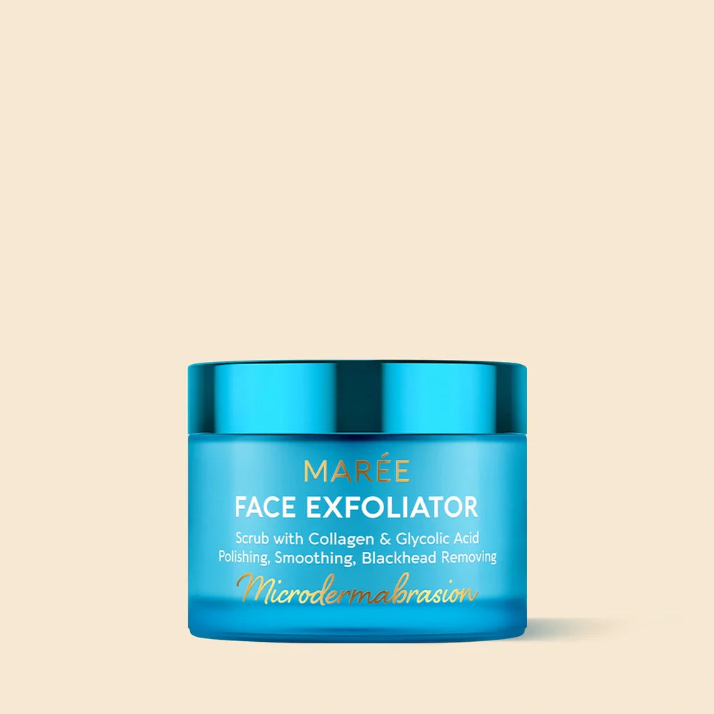 Blue jar of Maree Face Exfoliator on a beige background