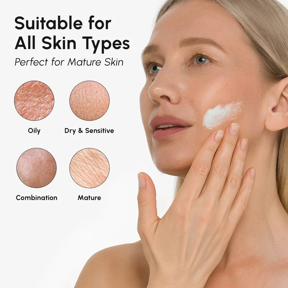 Woman applying cream to her face with skin type suitability for mature skin shown.