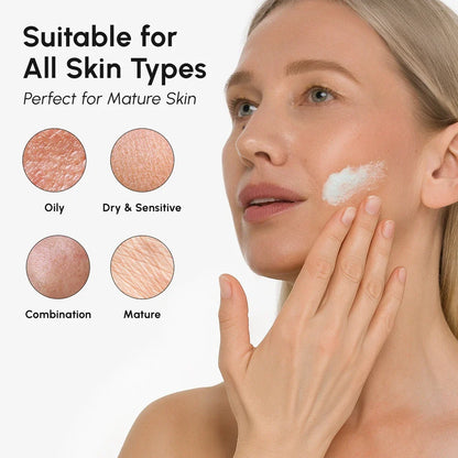 Woman applying cream to her face with skin type suitability for mature skin shown.