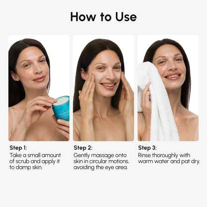 Instructions on how to use a skincare product with a woman applying it and rinsing off.