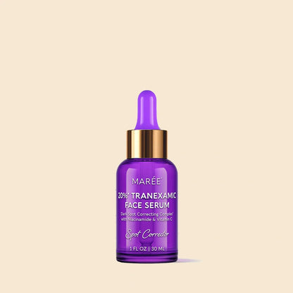 Purple bottle of Maré Tranexamic Face Serum on a beige background