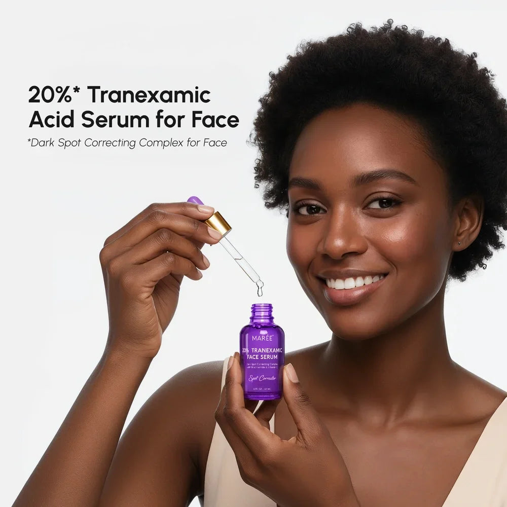 Woman holding a purple bottle of Tranexamic Acid Serum for Face with text on a light gray background
