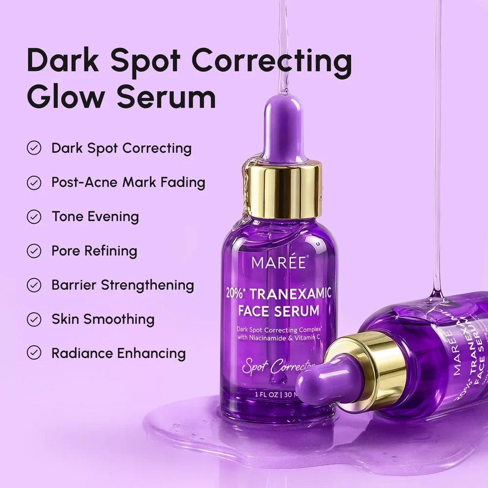 Maré dark spot correcting glow serum with dropper on a purple background