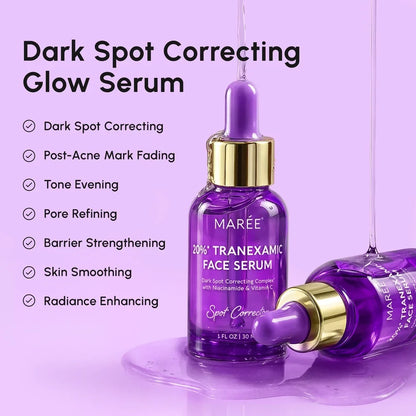 Maré dark spot correcting glow serum with dropper on a purple background