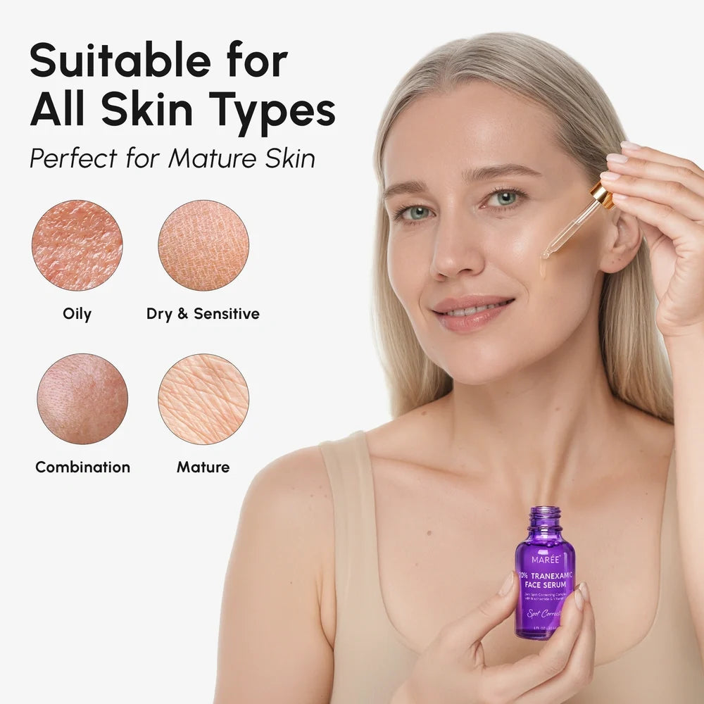 Woman applying skincare product with text indicating suitability for all skin types, especially mature skin.