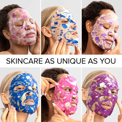 Collage of six people wearing colorful face masks with text 'SKINCARE AS UNIQUE AS YOU'.