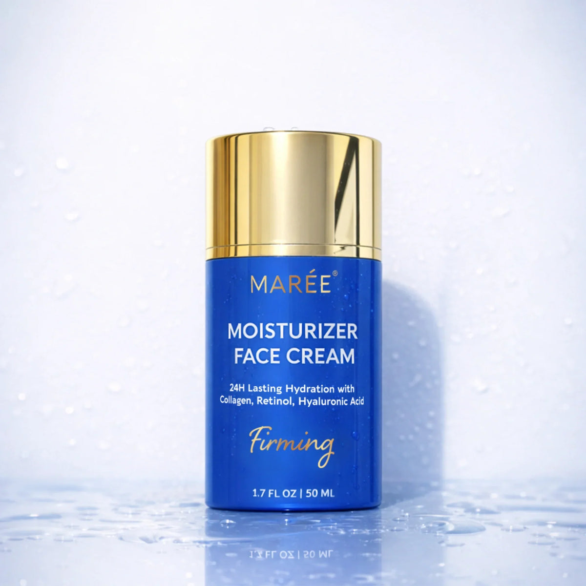 A bottle of MARÉE Moisturizer Face Cream with a metallic blue body and a shiny gold cap, set on a light blue water-droplet surface.