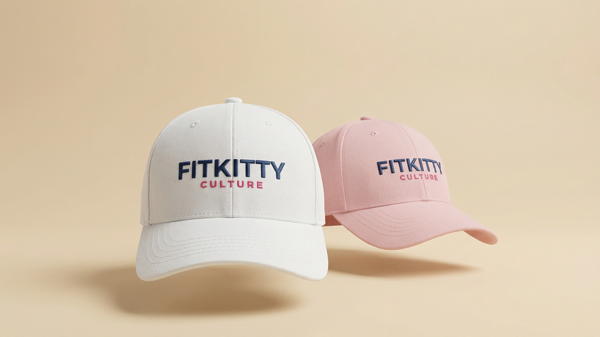 Two baseball caps with 'FITKITTY CULTURE' text on a beige background