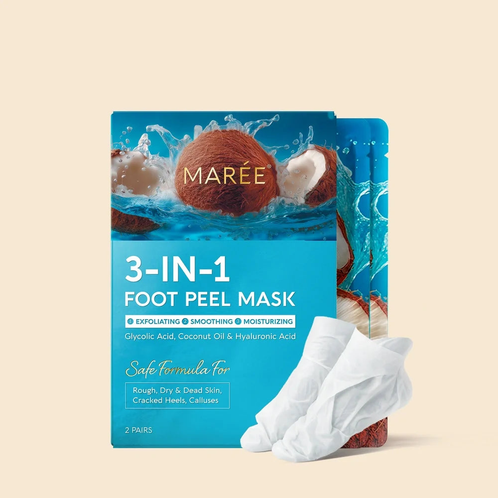 Maré 3-in-1 foot peel mask packaging with blue design and foot imagery on a beige background