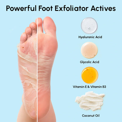 Foot exfoliation product with ingredients shown on a blue background