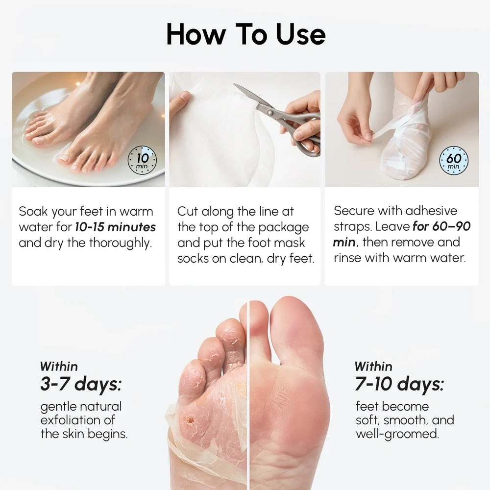 Instructions on how to use a foot mask with images and text.