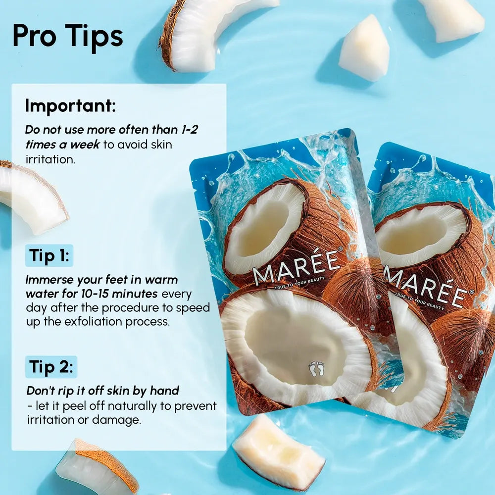Maré foot exfoliation product packaging with coconut design on a blue background