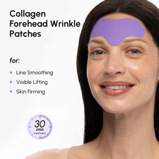 Woman wearing a collagen forehead wrinkle patch with product benefits listed.