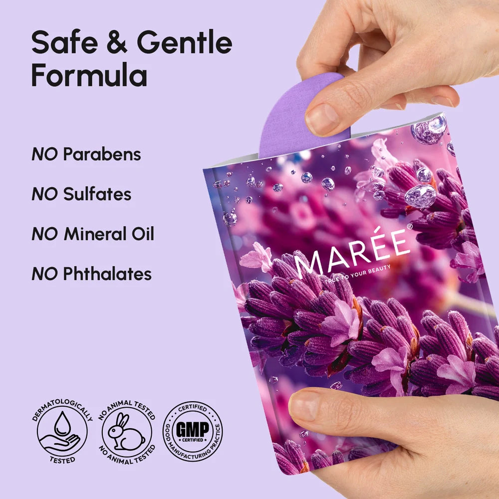 Product packaging with purple flowers and 'Maree' branding, held by a hand on a light purple background.