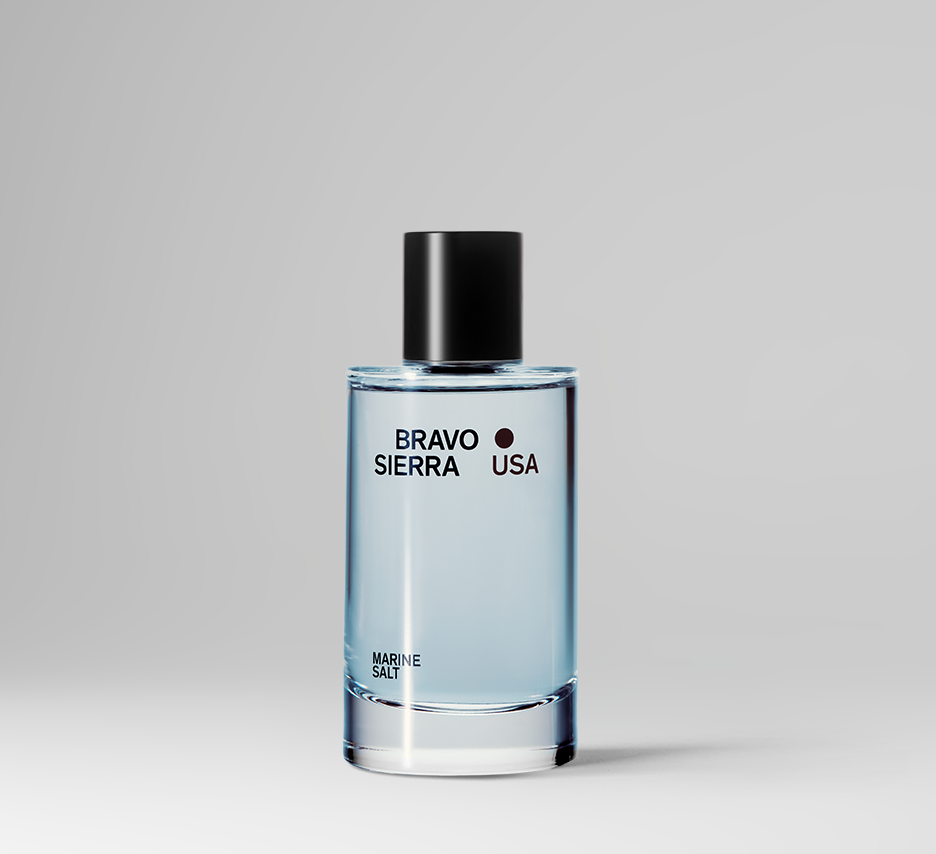 Bottle of Bravo Sierra USA Marine Salt cologne on a gray background