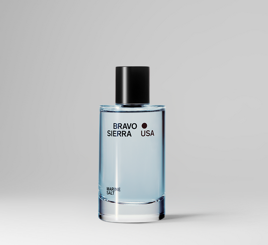 Bottle of Bravo Sierra USA Marine Salt cologne on a gray background