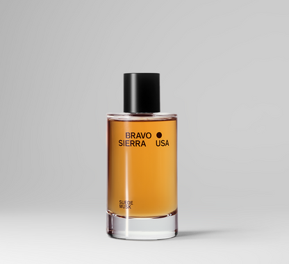 Perfume bottle labeled 'Bravo Sierra USA' on a gray background