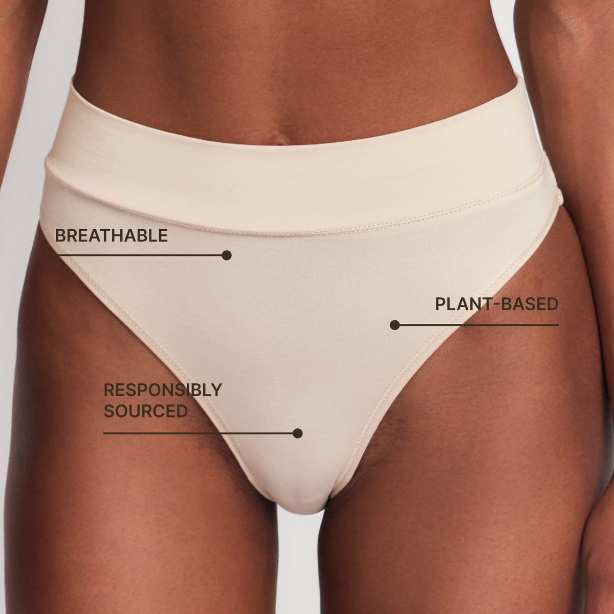 Organic Cotton Mid-Rise Brief in Latte, labelled feature callouts on a neutral background