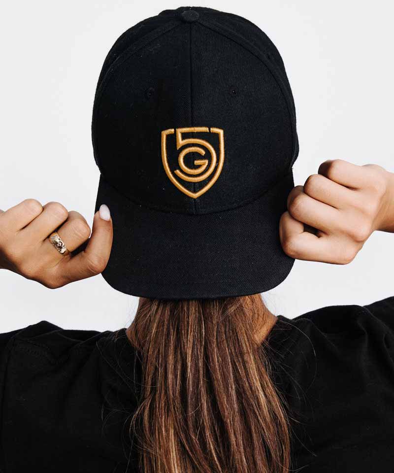 G5 Flat Billed Snap Back Hat, back view, styled photo