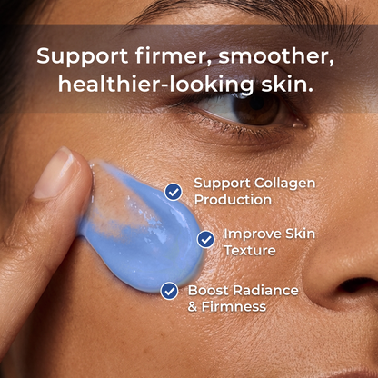 Close-up of a person's face with a blue skincare cream being applied to the cheek. White text overlays read 'Support firmer, smoother, healthier-looking skin.