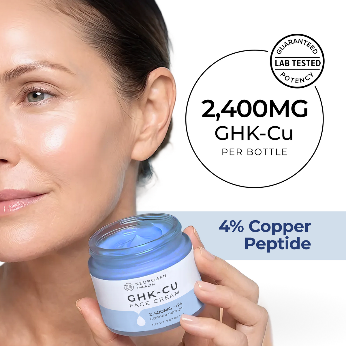 A woman holds a jar of Neurogen Health GHK-Cu Face Cream with a blue lid, set against a clean white background with promotional text highlighting 2,400MG GHK-Cu and 4% Copper Peptide.