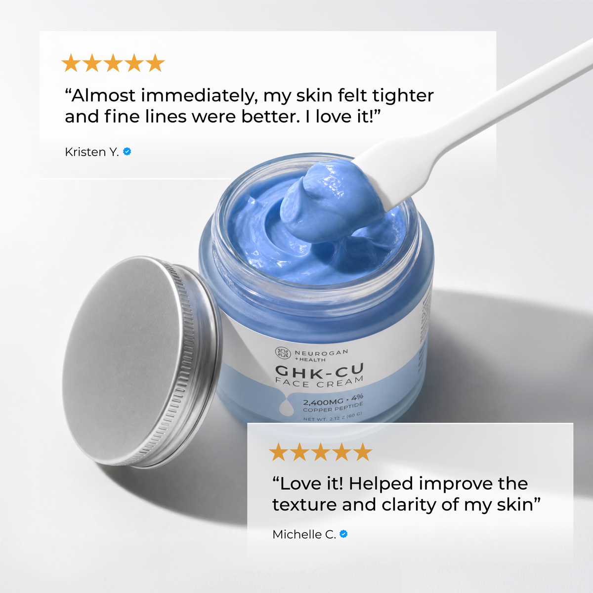 A jar of Neurogain Brain GHK-CU Face Cream with a silver lid and a white spatula showing the blue cream inside, set against a light gray background with two customer review text boxes and star ratings.