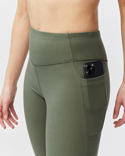 Go Again Women's Cropped Leggings Length 21" in Dark Moss, styled photo