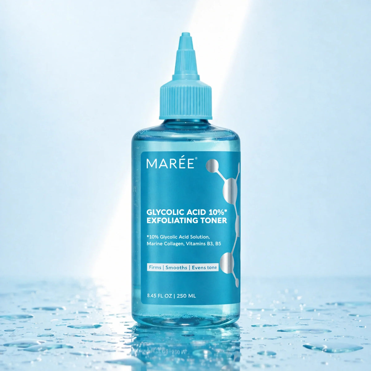 Blue bottle of MARÓE Glycolic Acid 10% Exfoliating Toner on a light blue background