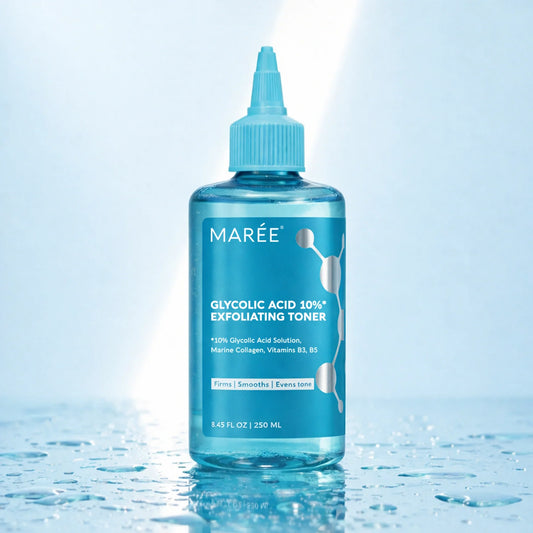 Blue bottle of MARÓE Glycolic Acid 10% Exfoliating Toner on a light blue background