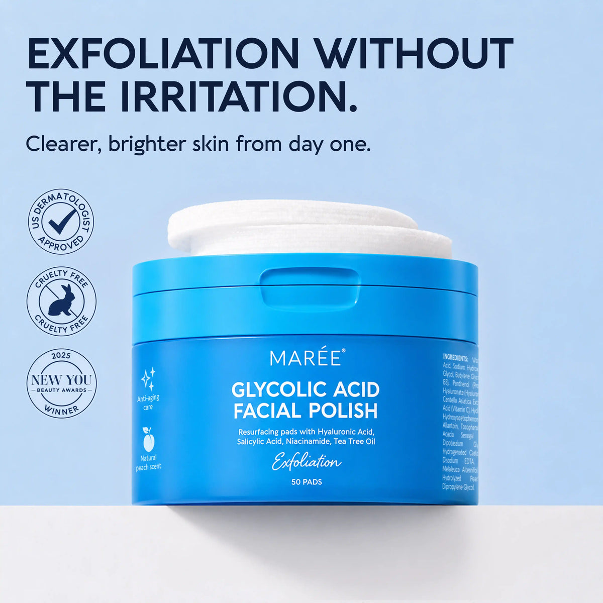 A blue jar of MARÉE Glycolic Acid Facial Polish with a white lid, shown on a light blue background with promotional text and certification icons on the left.