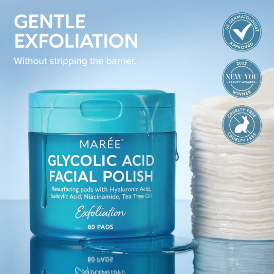 Maré Glycolic Acid Facial Polish with packaging and product on a blue background