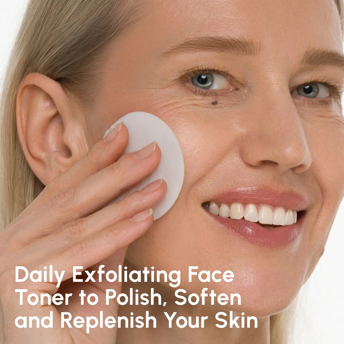 Woman using a Daily Exfoliating Face Toner on her face with text overlay.