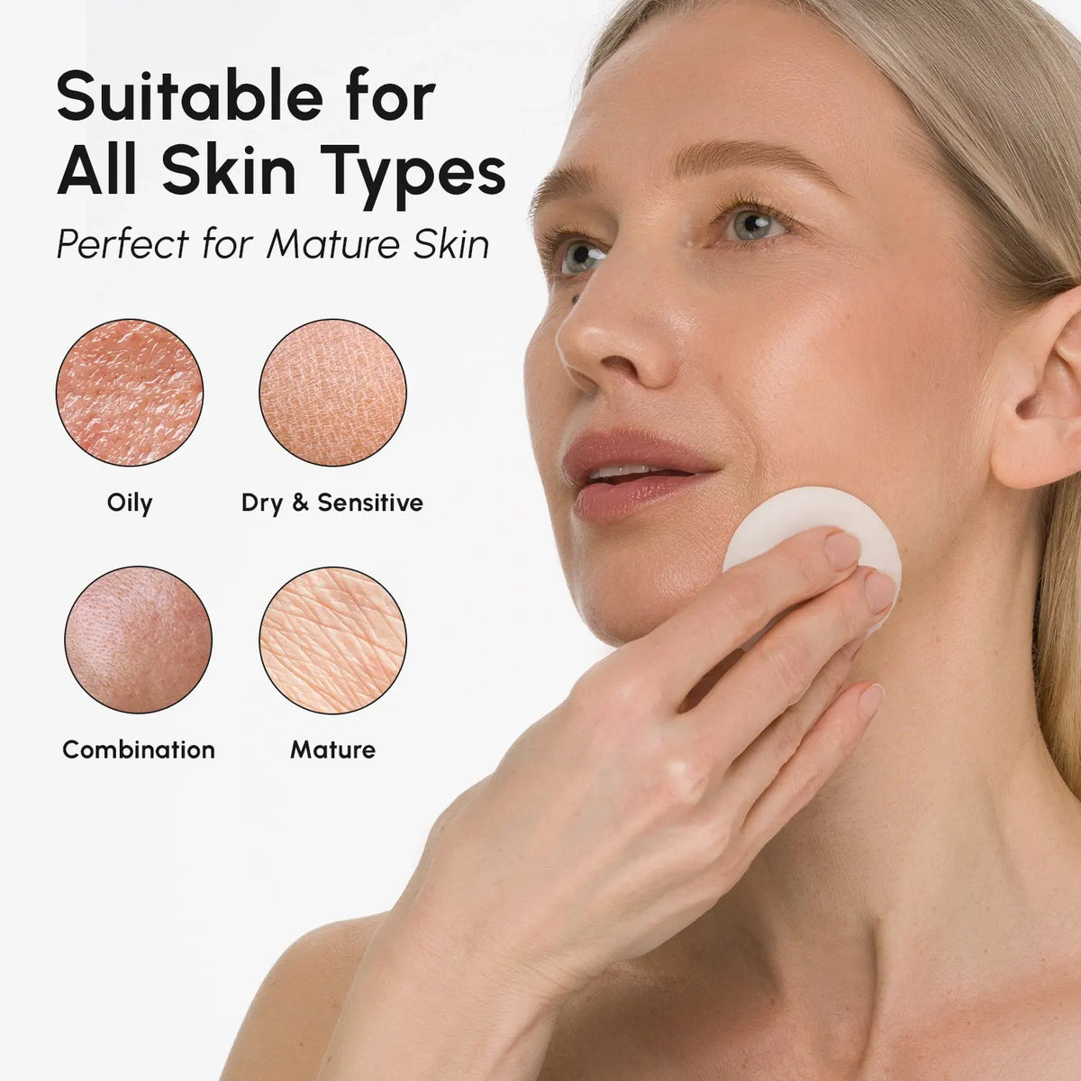 Woman applying cream to her face with skin type suitability for mature skin shown.