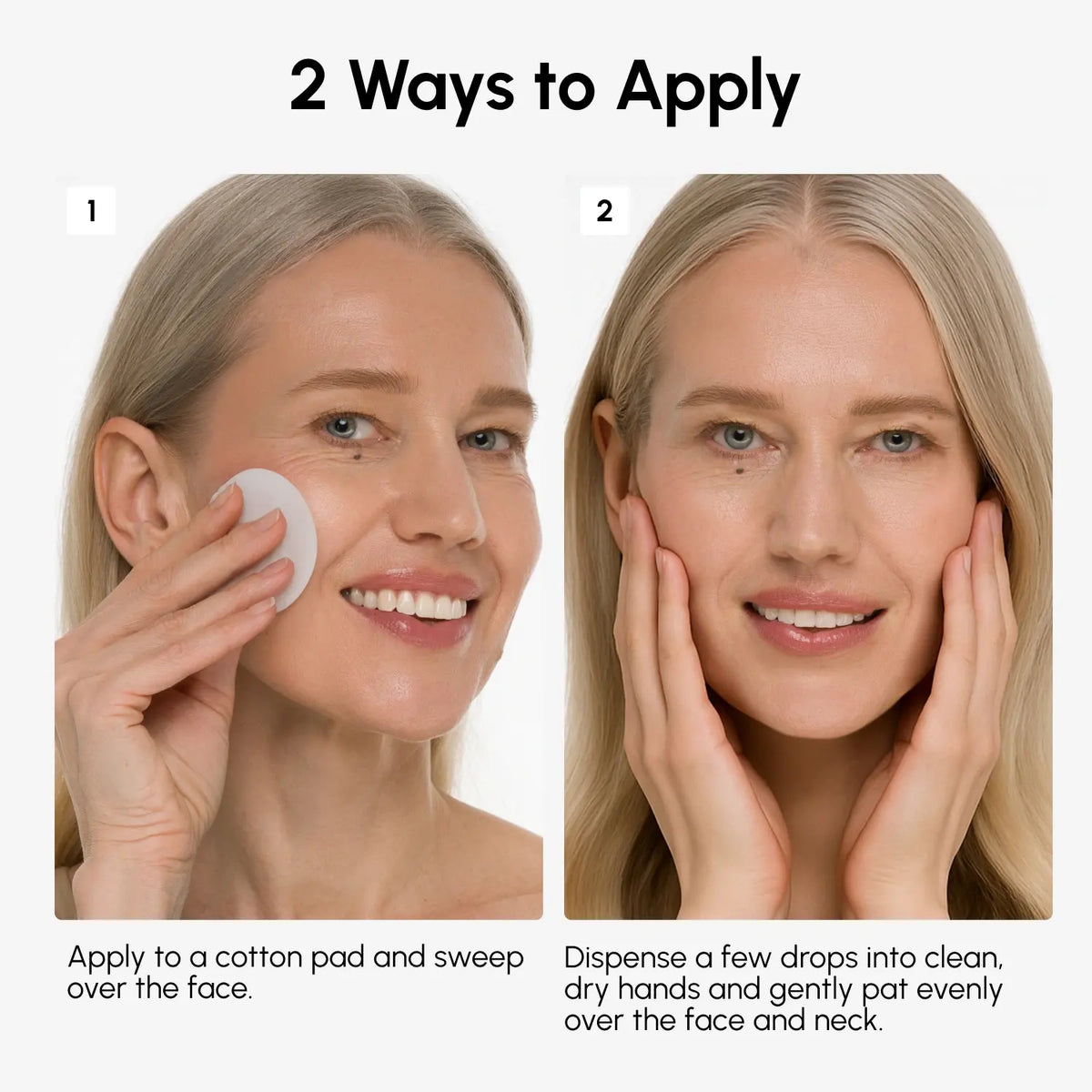 Two ways to apply a product on the face with a woman demonstrating each method.