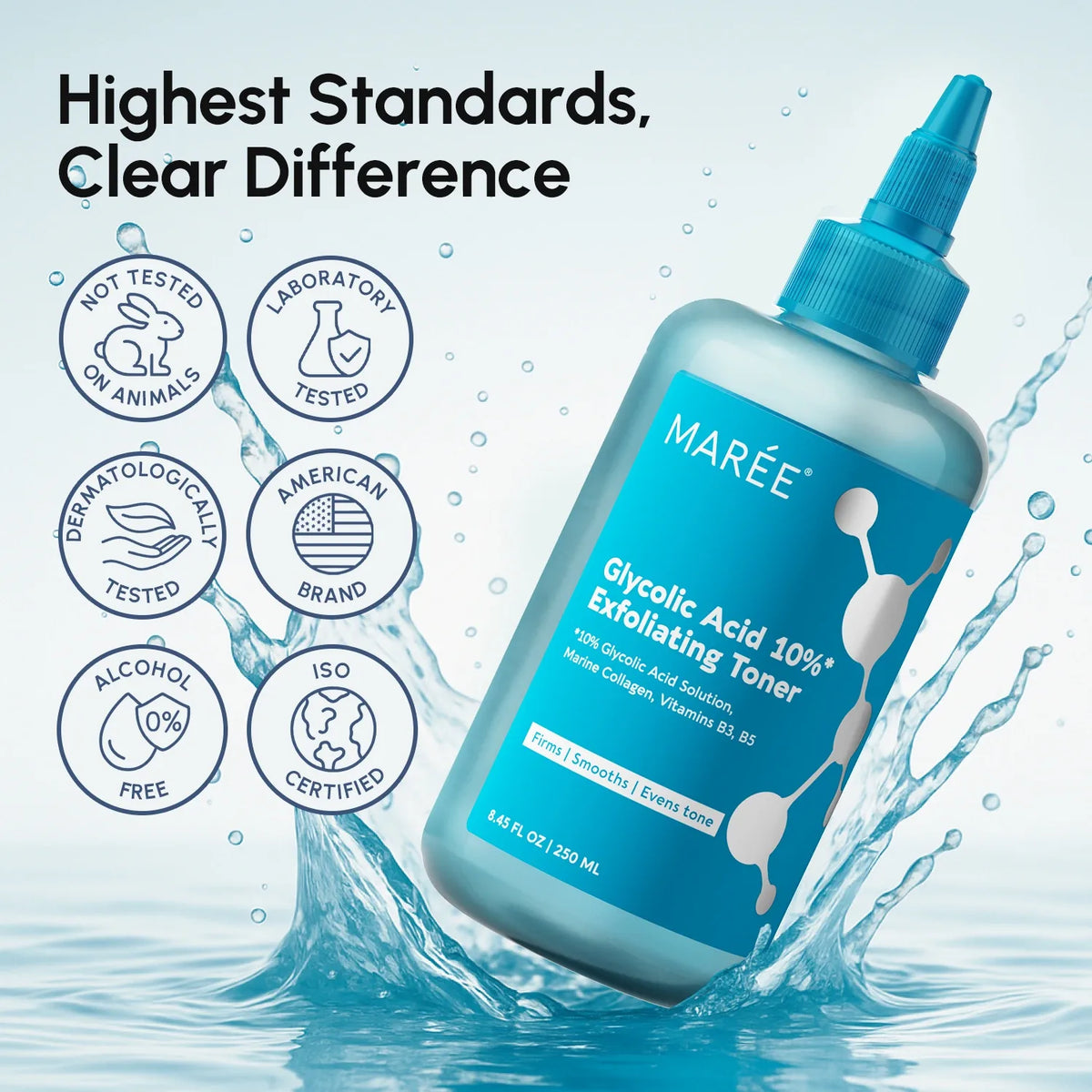 Maree skincare toner bottle with certification icons on a water splash background
