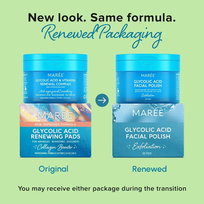 Comparison of Mareé skincare products with original and renewed packaging on a green background.
