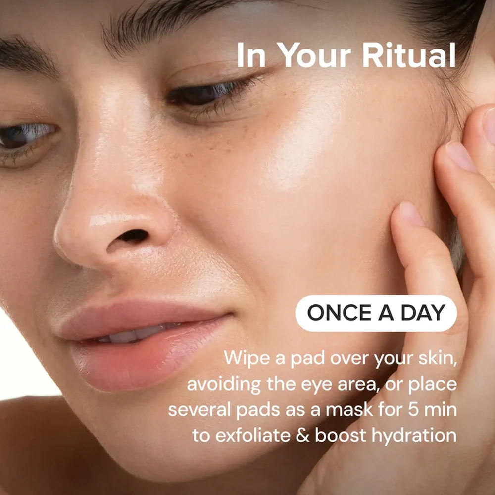 Close-up of a person's face with text about a daily skincare routine.