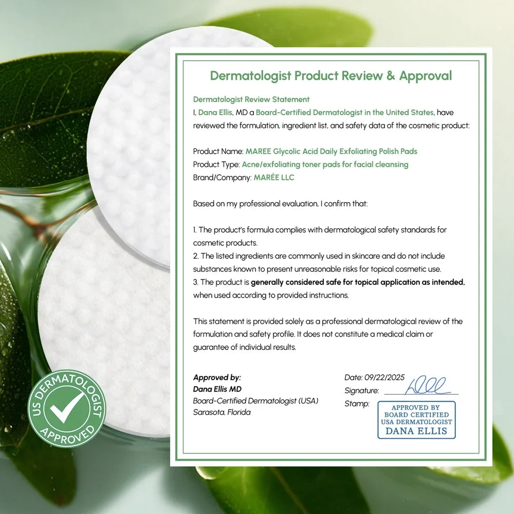 Dermatologist product review for MAREE Glycolic Acid Daily Exfoliating Polish Pads with a green leaf background.