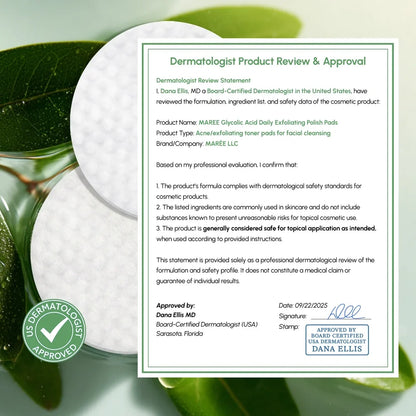 Dermatologist product review for MAREE Glycolic Acid Daily Exfoliating Polish Pads with a green leaf background.