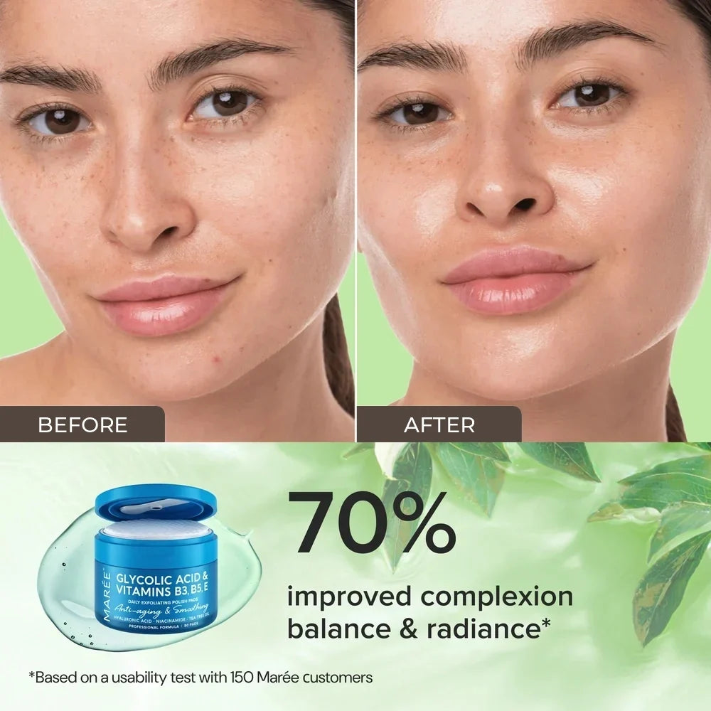 Before and after comparison of a woman's face with skincare product, showing improved complexion balance and radiance.