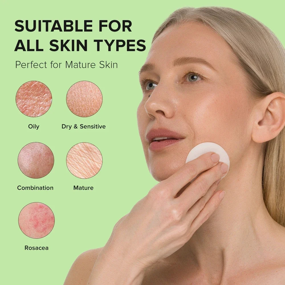 Woman applying cream to her face with skin type suitability chart on a green background