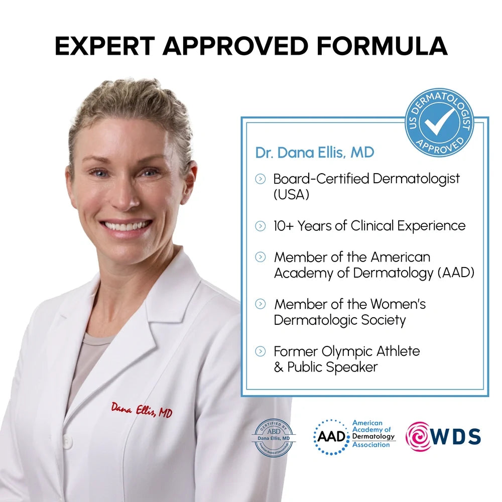 Woman in a white lab coat with credentials displayed, featuring Dr. Dana Ellis, MD.