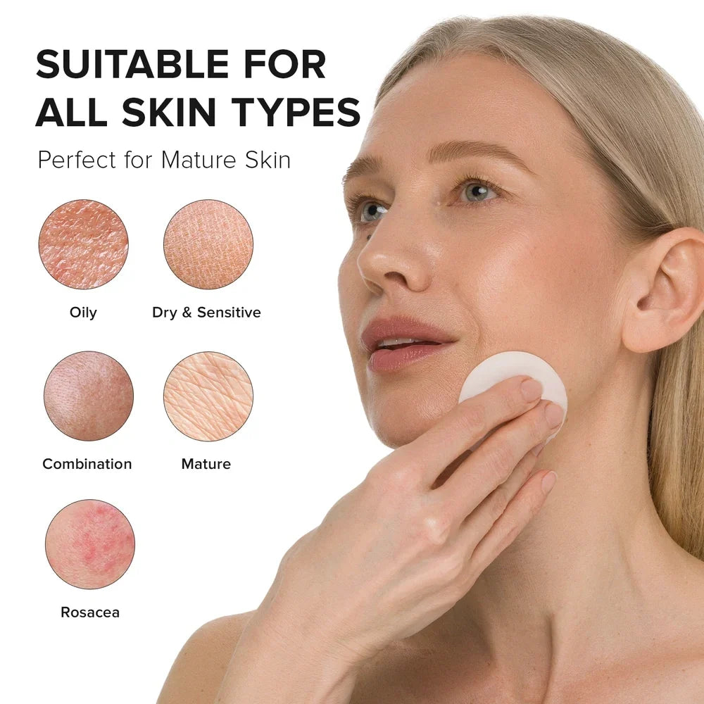 Woman applying cream to her face with skin type suitability chart on the left.