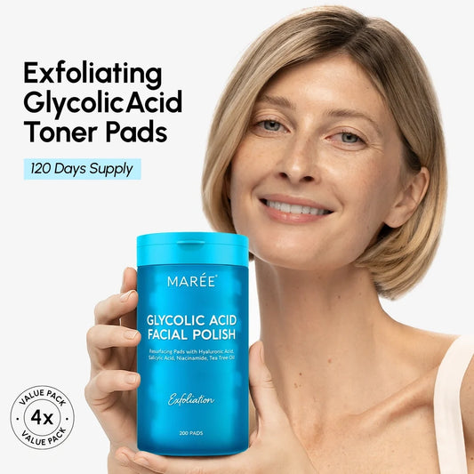 Woman holding a blue container of MARé Glycolic Acid Facial Polish with text about exfoliating glycolic acid toner pads.