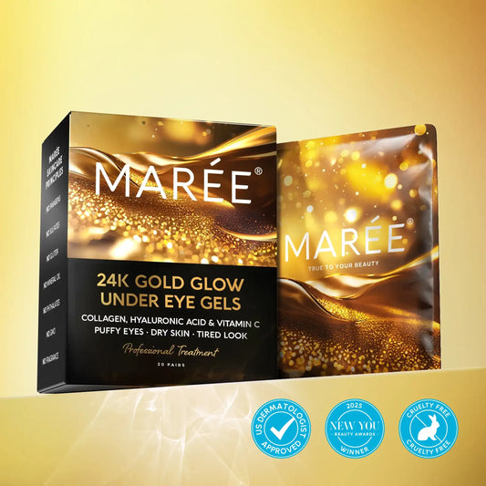 Marée 24K Gold Glow Under Eye Gels packaging box and sachet on a gold gradient background with certification badges at the bottom.