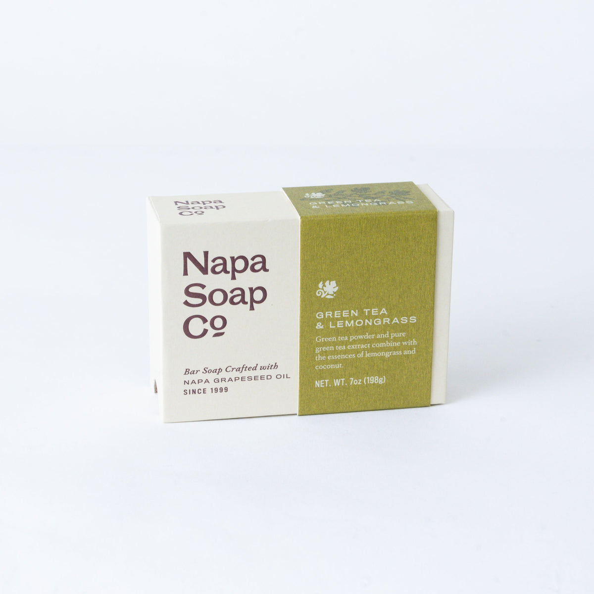 Green Tea & Lemongrass Bar Soap packaging by Napa Soap Company, on a white background